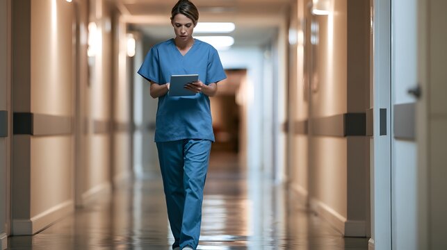 Female nurse in blue scrubs walking down hospital corridor with tablet