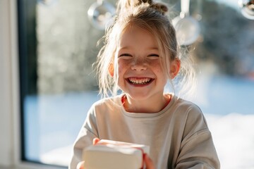 Obraz premium Little girl laughing and holding a small gift on a sunny christmas morning for holiday background and greeting card design
