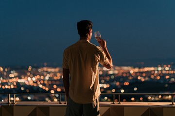 Obraz premium Man holding wine glass on balcony overlooking city night skyline with bokeh lights for rooftop lifestyle background and evening relaxation banner