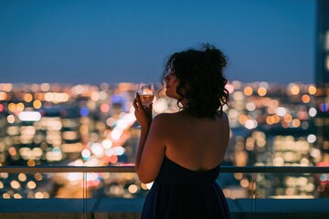 Obraz premium Woman on rooftop terrace sipping wine with blurred city lights for evening lifestyle banner and romantic night wallpaper
