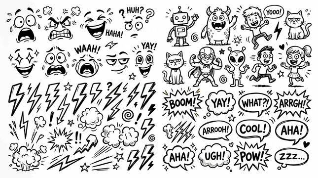 Comic doodle set of emotion faces, cartoon characters, lightning bolts, explosions and speech bubbles with sound effects