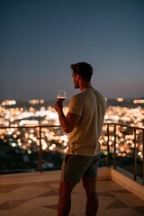 Obraz premium Man holding wine glass on balcony at night overlooking city lights for lifestyle poster and background