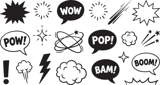 Speech bubbles and comic book sound effects, black and white set boom