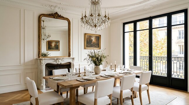 Elegant dining room with a wooden table white chairs with chandelier marble fireplace