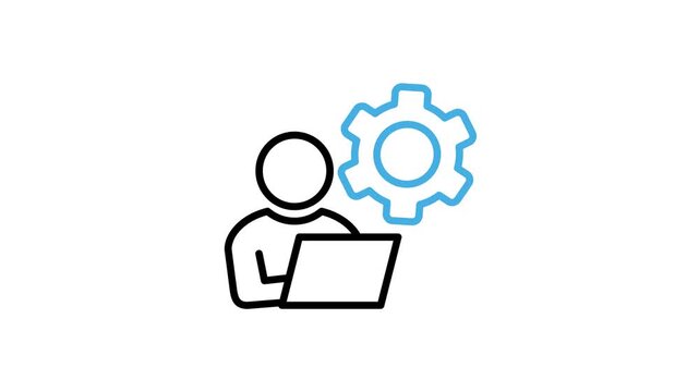 Office work process icon animation. Employee, worker, staff working in front of a laptop. People, person, human with computer and rotating gear animation video. Motion graphics with alpha channel