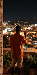 Obraz premium Man holding a wine glass on a balcony overlooking a glowing city night skyline for background and wallpaper use in travel or lifestyle design