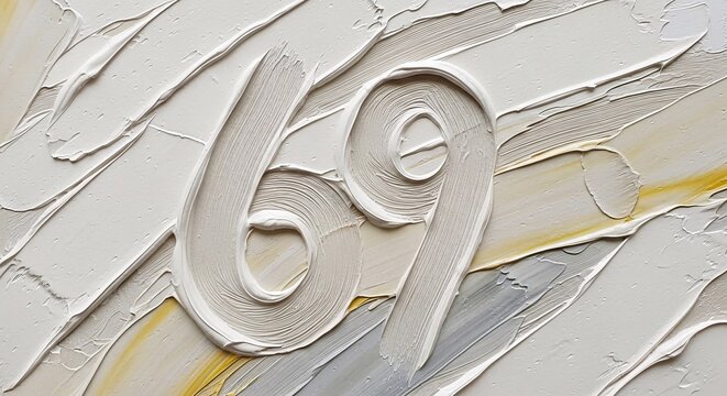 Textured painting of the number 69 with thick impasto strokes in white, cream, yellow, and grey.