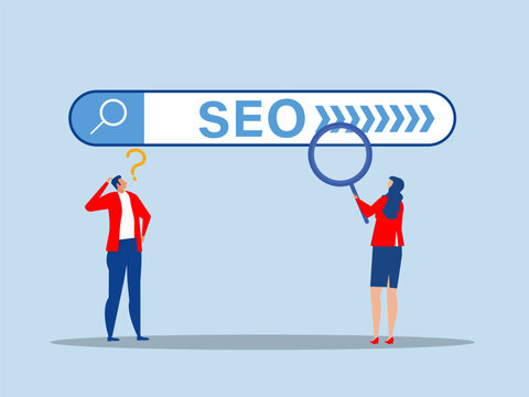 Businesspeople hold magnifying glass on SEO rising arrow search box.SEO Search Engine Optimization, website search result, advertising vector