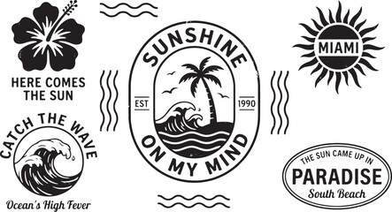 Obraz premium Tropical summer vacation badge set with palm trees, ocean waves, and sun
