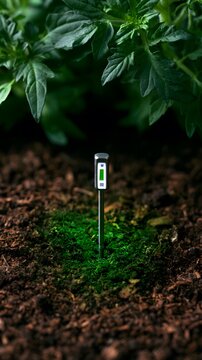 Smart soil moisture sensor probe in green plant soil ground