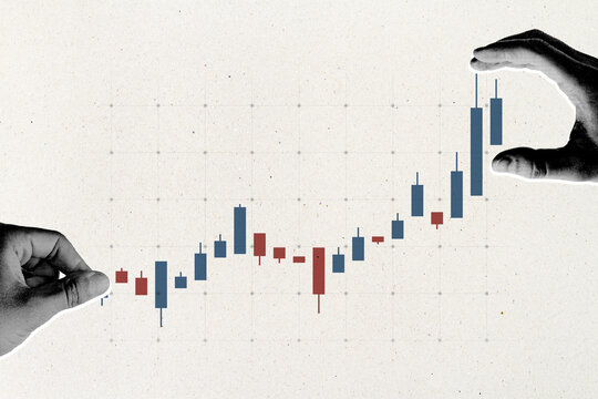 Forex market candlestick chart with hands guiding rising financial index, currency exchange growth, investment strategy and business analysis concept.