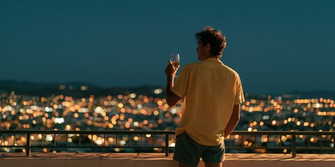 Obraz premium Man on balcony overlooking city skyline at dusk with wine glass for background and banner design