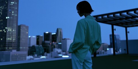 Obraz premium Silhouette of a person on a rooftop overlooking city skyline at dusk for background banner and wallpaper design