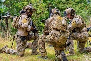 Fototapeta premium Soldiers training in a forest environment during a tactical exercise