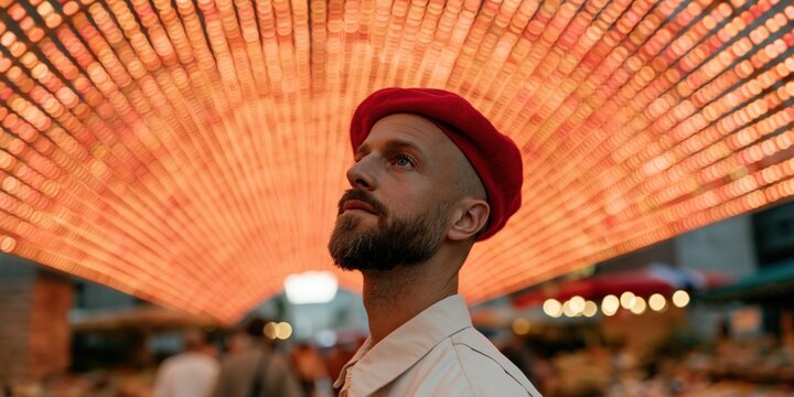 Bearded man wearing a red beret under a glowing orange led arch for creative portrait background and poster design