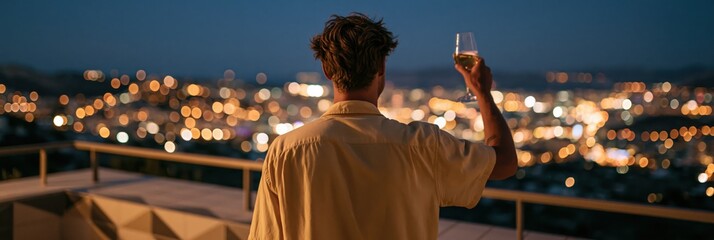 Obraz premium Back view of a man raising a wine glass on a rooftop with city bokeh lights background for banner and wallpaper design