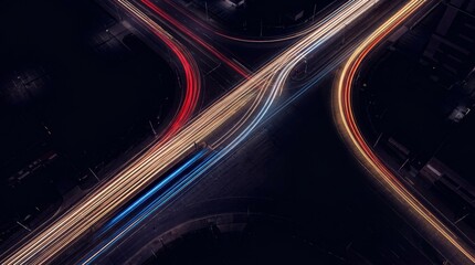 Obraz premium Colorful light trails at a city intersection captured at night, creating dynamic shapes.