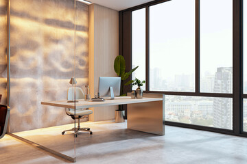 Obraz premium Luxury modern corporate office workspace with desk, computer, city view, backlit windows, contemporary interior design concept. 3D Rendering