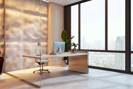 Luxury modern corporate office workspace with desk, computer, city view, backlit windows, contemporary interior design concept. 3D Rendering
