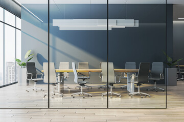 Empty Modern Conference Room with Glass Partitions, Executive Chairs, Warm Wood Table, and Sunlit Corporate Office Interior Design. 3D Rendering