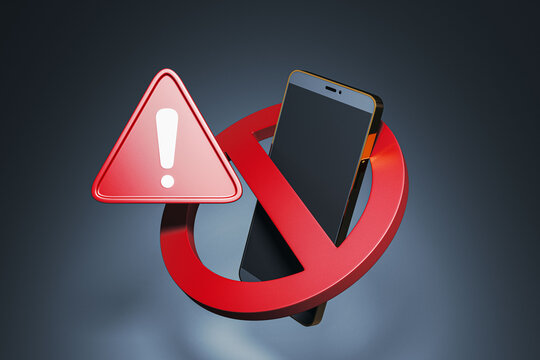 Smartphone exclamation mark warning symbol for mobile hacking, cybercrime, malware, online security and digital data threat concept. 3D Rendering