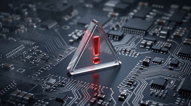 Digital warning alert icon glowing red over computer motherboard circuit board with warning sign computer hardware cyber security tech background system error