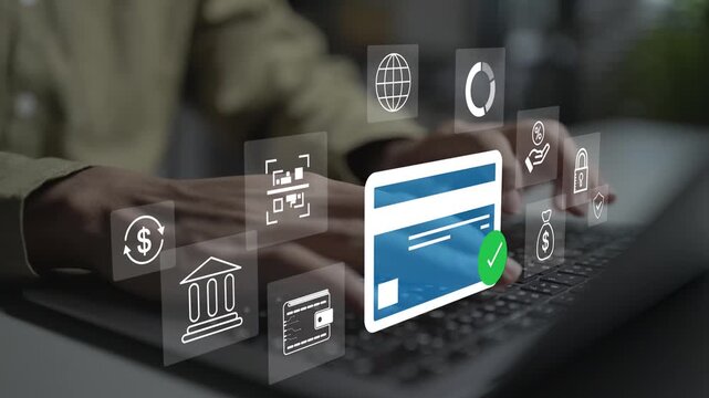 Digital payment concept. Person using laptop with credit card, secure contactless transaction and currency icons, online financial transfer and modern e-commerce checkout.