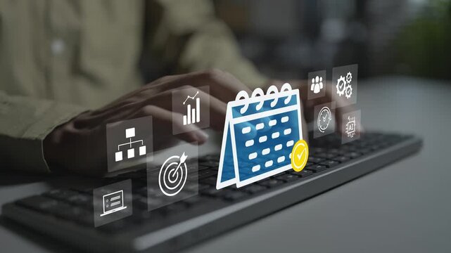 Digital agenda meeting appointment activity information concept. Person typing on keyboard with schedule calendar, reminder bell and task note icons, organized team setup.