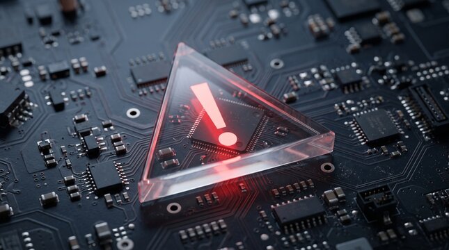 Red exclamation warning sign on a circuit board representing system security alert with error message system failure cyber security exclamation mark computer chip