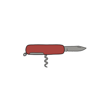 Hand drawn retro multi tool pocket knife vintage camping folding utility blade illustration isolated on transparent background
