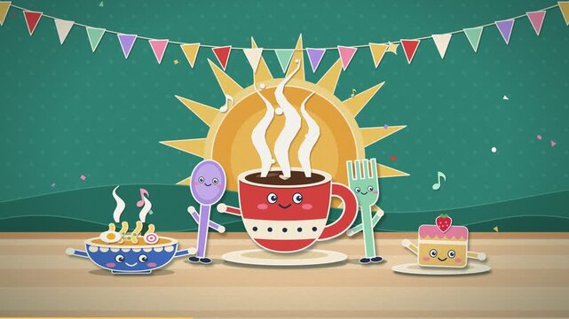 Cute kawaii breakfast characters celebrate under a bright sun