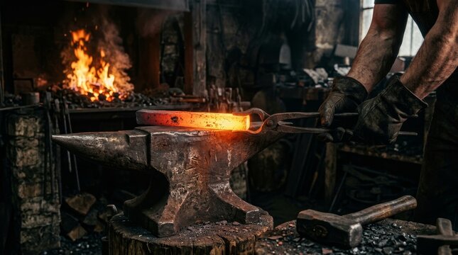 A blacksmith shapes glowing metal on an anvil with fire in the background.