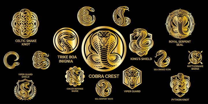 A premium collection of luxurious golden snake logos, crests, and badges, featuring intricate Celtic knots, majestic royal serpents, powerful cobra crests, and elegant viper shields isolated on a rich