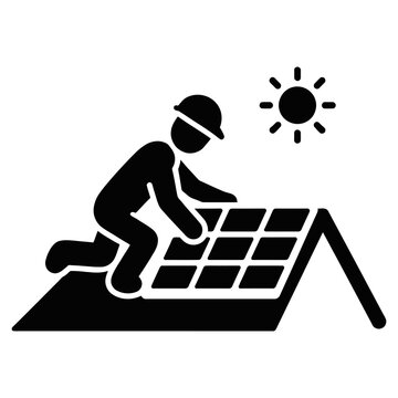 Construction worker installing roof tiles under bright sun