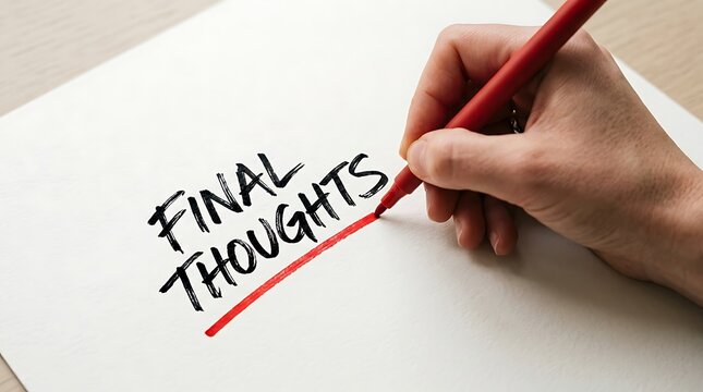 A hand underlining the handwritten words final thoughts with a red felt tip marker