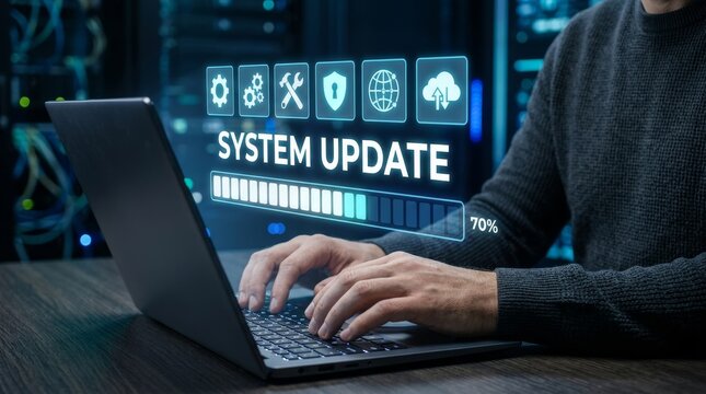 Person typing while system update progresses on a futuristic interface. Tech and modern workplace theme.