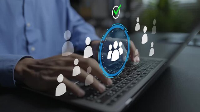HR recruitment and hiring platform concept. Person using laptop with star candidate, career application and selection icons, efficient enterprise recruitment management.