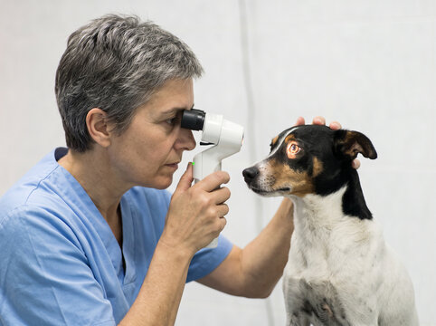 Examen oftalmol&oacute;gico veterinario de un perro en consulta