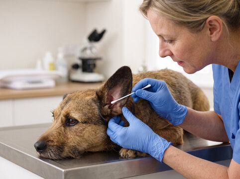 Veterinaria examinando el o&iacute;do de un perro en una cl&iacute;nica