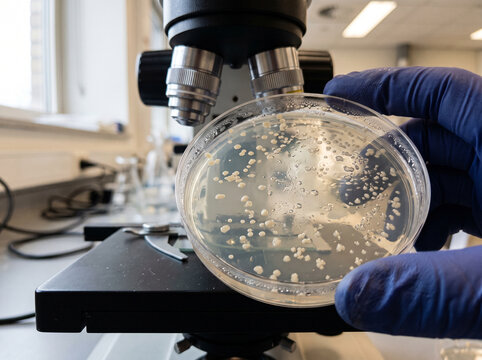 Investigadora examinando muestras de laboratorio en placas de Petri