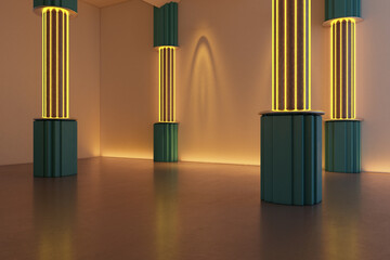 Obraz premium Contemporary interior with glowing neon columns and pillars creating a futuristic architectural space for modern art and design display. 3D Rendering