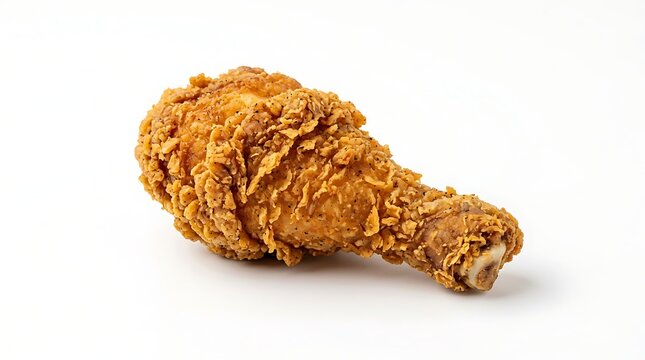 A single piece of crispy fried chicken drumstick on a plain white background