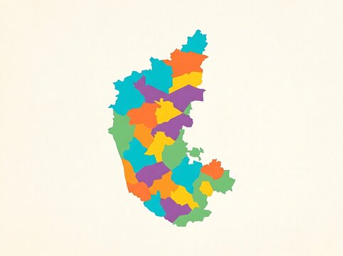 Colorful geometric map of Karnataka state showing districts in vibrant pastel and bright tones