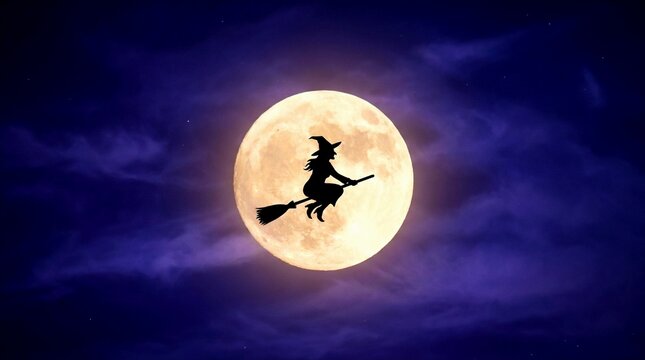 Silhouette of a witch riding a broomstick against a full moon and purple sky night
