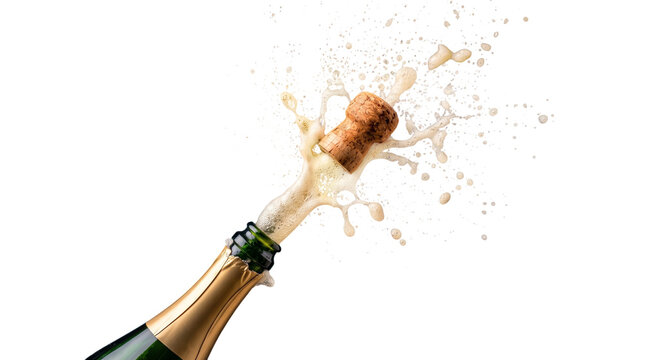 Close up of champagne bottle popping cork with explosion of bubbles