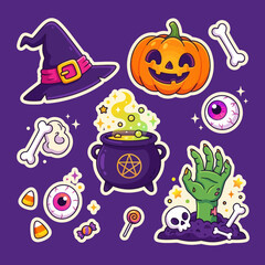 Fototapeta premium Cute Halloween sticker vector set with jack o lantern pumpkin, witch hat, magic cauldron, eyeball, bones, candies, and zombie hand