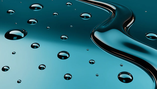 Clear water droplets on a dark blue surface with liquid beads refreshing background macro photography water texture teal background rain drops wet surface tension liquid state