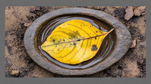 Circular muddy imprint enclosing a bright yellow leaf trapped inside a weathered ring amid damp earth