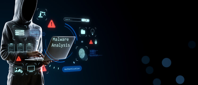 Anonymous hooded hacker analyzing malware on laptop with cybersecurity interface, authentication and protection icons on dark copy space background.