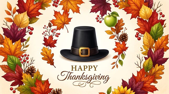 Black pilgrim hat with autumn leaves and apple border thanksgiving fall
